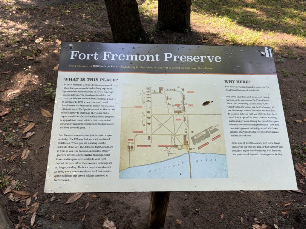 Interpretive sign at Fort Fremont Preserve explaining the fort’s role in protecting Port Royal Naval Station in South Carolina.