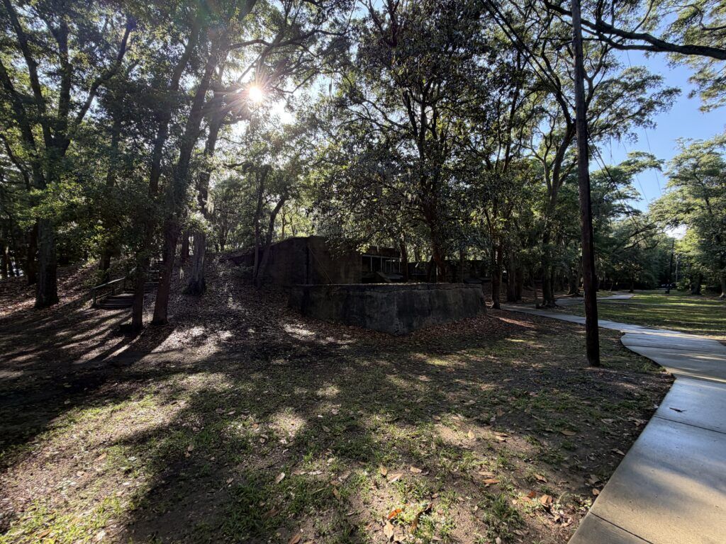 Concrete gun battery at Fort Fremont beneath live oak trees on St. Helena Island, South Carolina.