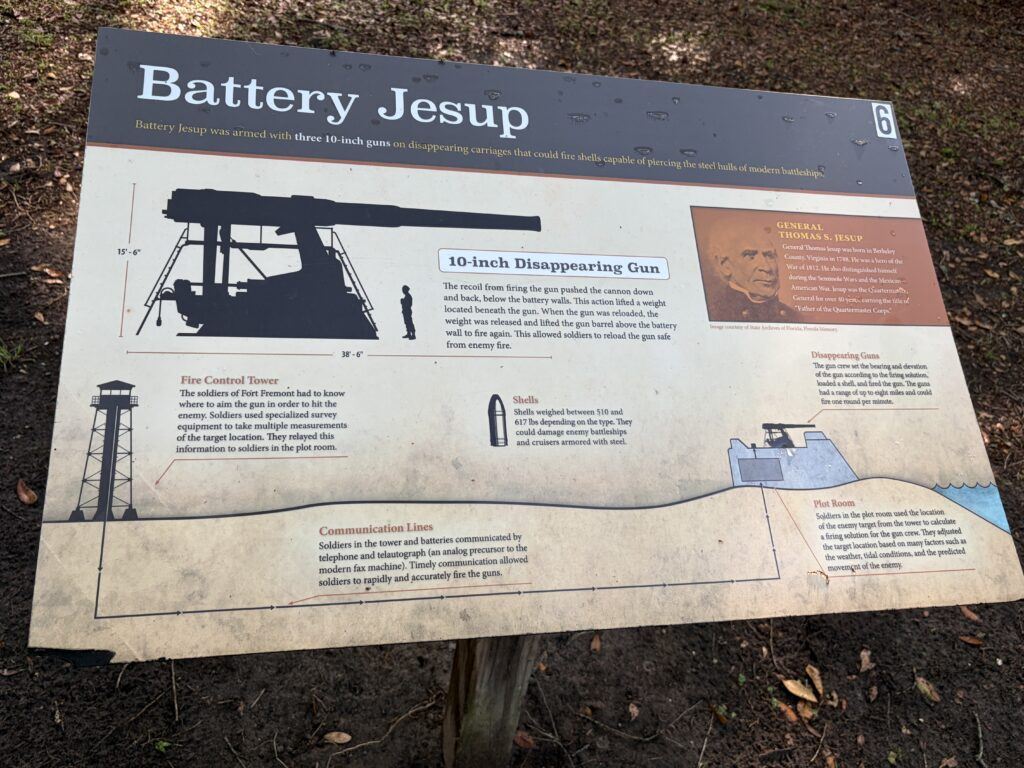 Battery Jesup interpretive sign showing a 10-inch disappearing gun used at Fort Fremont in South Carolina.