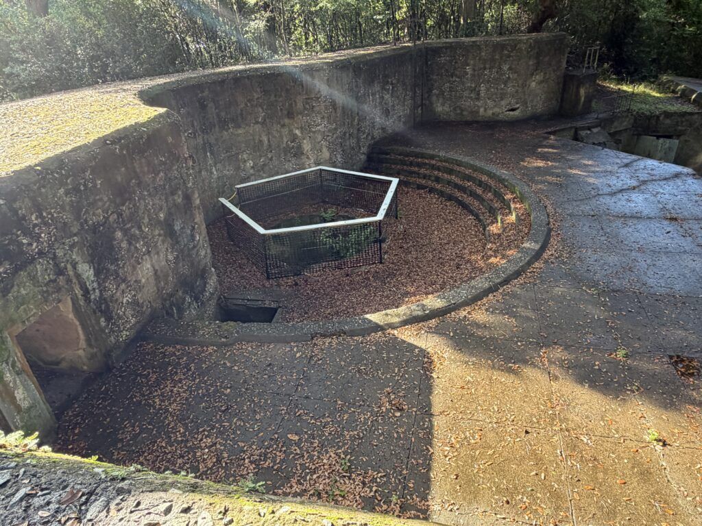 Empty gun emplacement and concrete battery viewed from above at Fort Fremont on St. Helena Island, South Carolina.