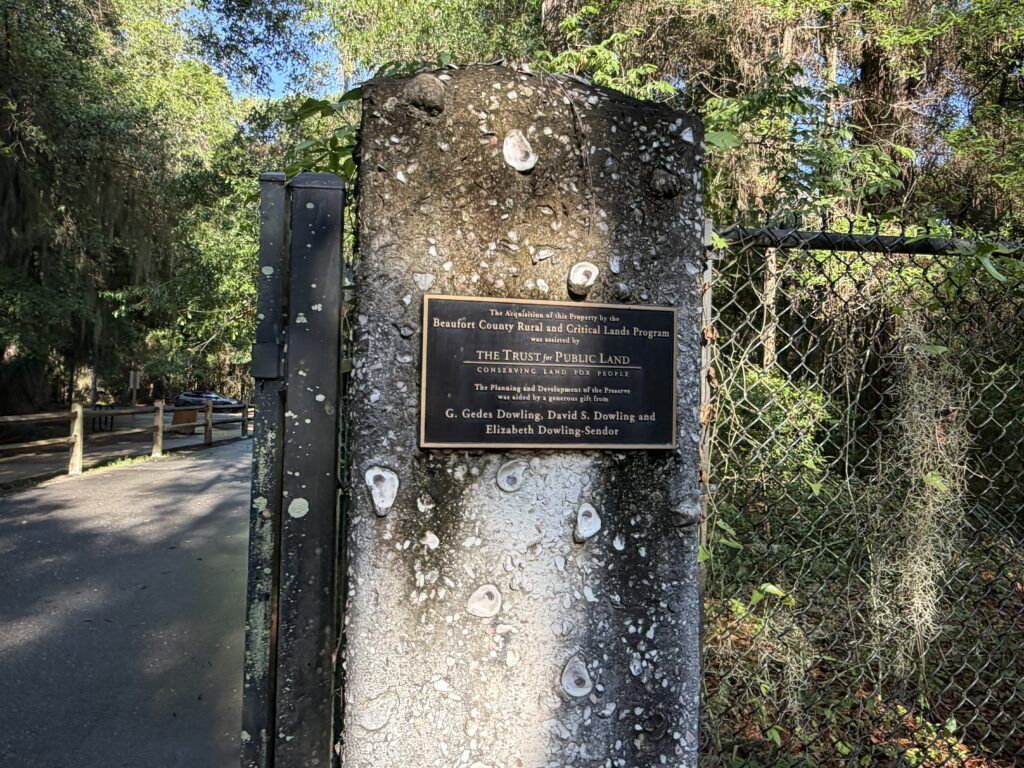 Preservation plaque at Fort Fremont recognizing the acquisition of the historic property by Beaufort County.