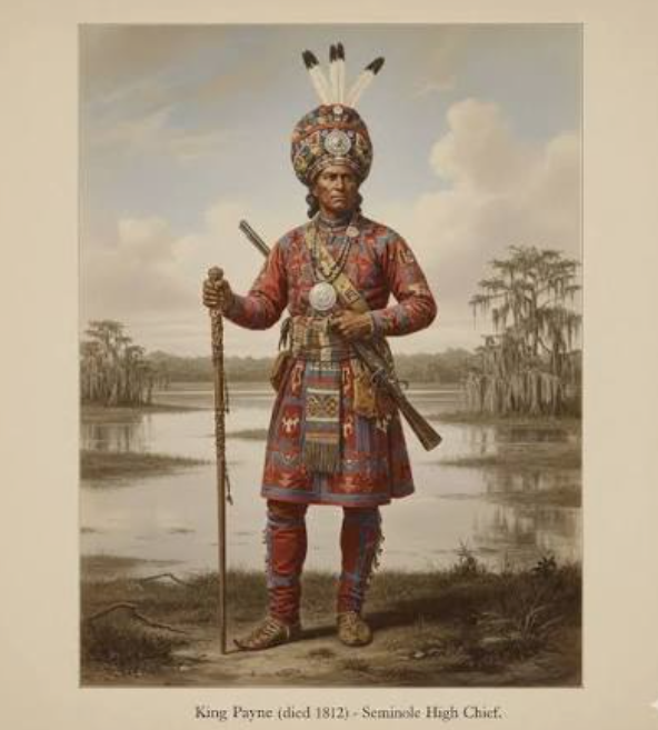 Historic illustration labeled King Payne, Seminole High Chief, standing in a Florida wetland landscape.