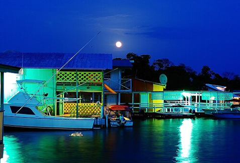 Colorful waterfront casetas and boats illuminated at night beneath the moon in La Parguera, Puerto Rico.