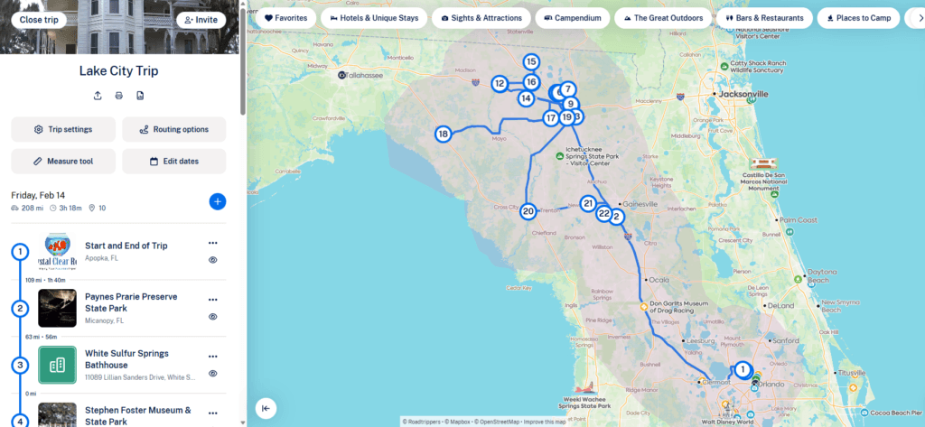 Roadtrippers map showing the three-day Lake City road trip route from Central Florida through Lake City, White Springs, Live Oak, Jasper, Perry, and surrounding North Florida destinations.