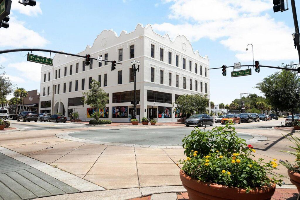 Historic Dreka Building at the corner of Woodland Boulevard and New York Avenue in downtown DeLand, Florida.