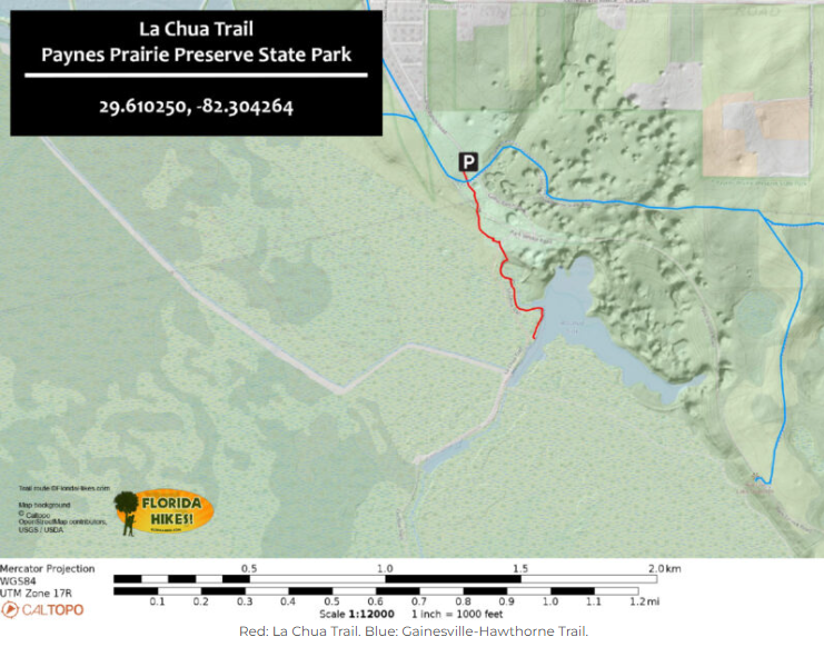 Map of the La Chua Trail and Gainesville-Hawthorne Trail at Paynes Prairie Preserve State Park in Florida.