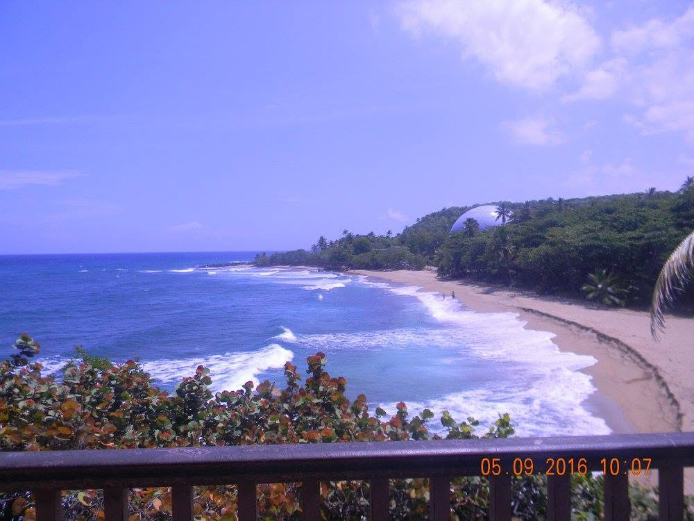 View of Domes Beach near Rincón, Puerto Rico, with the BONUS nuclear reactor dome visible above the trees along the coastline.