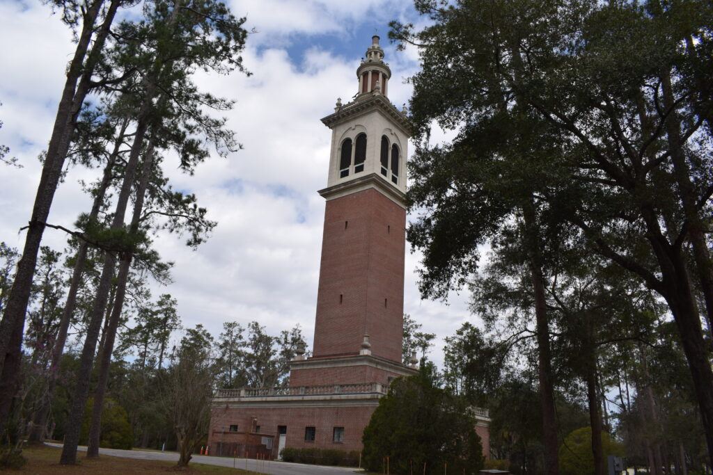 The 200-foot Stephen Foster Memorial Carillon Tower rising above the trees at Stephen Foster Folk Culture Center State Park in White Springs, Florida.