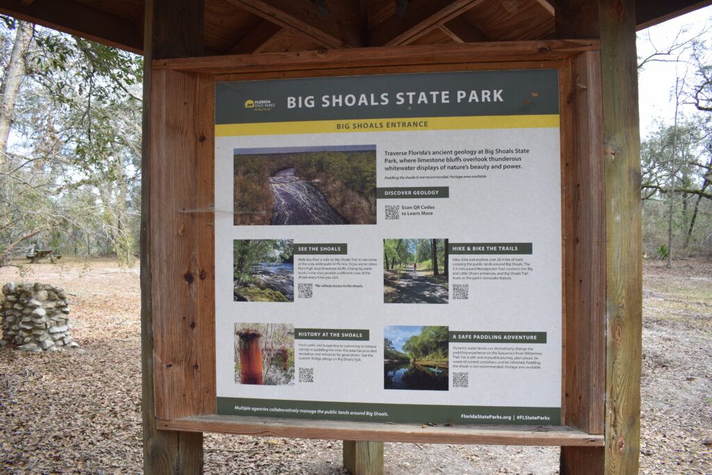 Interpretive display at Big Shoals State Park explaining the park’s geology, trails, history, and Suwannee River landscape.