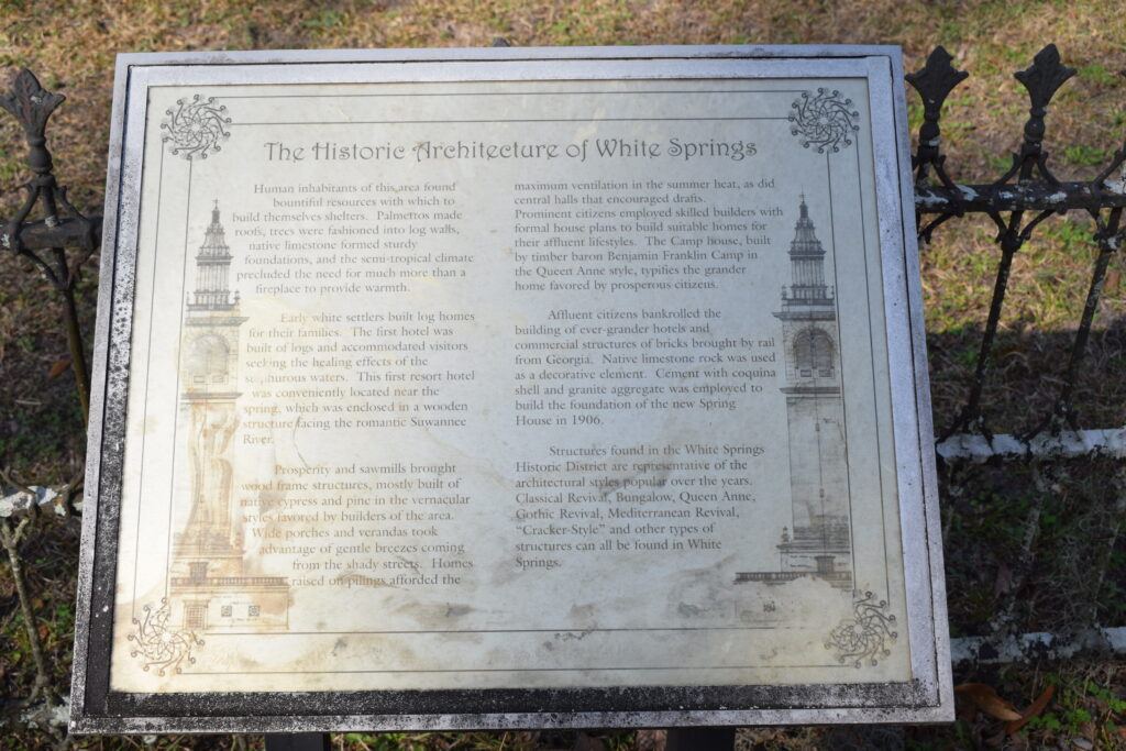 Interpretive sign describing the historic architecture of White Springs, Florida.