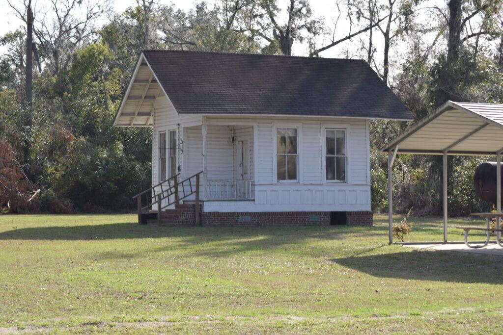 Small historic white one-room schoolhouse in White Springs, Florida.