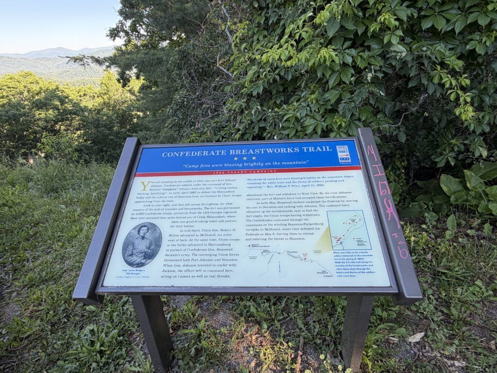 Confederate Breastworks Trail interpretive sign at Fort Edward Johnson on Shenandoah Mountain in Virginia