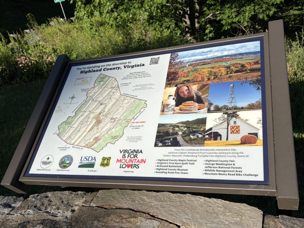 Highland County Virginia map at the 1862 Confederate Breastworks interpretive site on Shenandoah Mountain