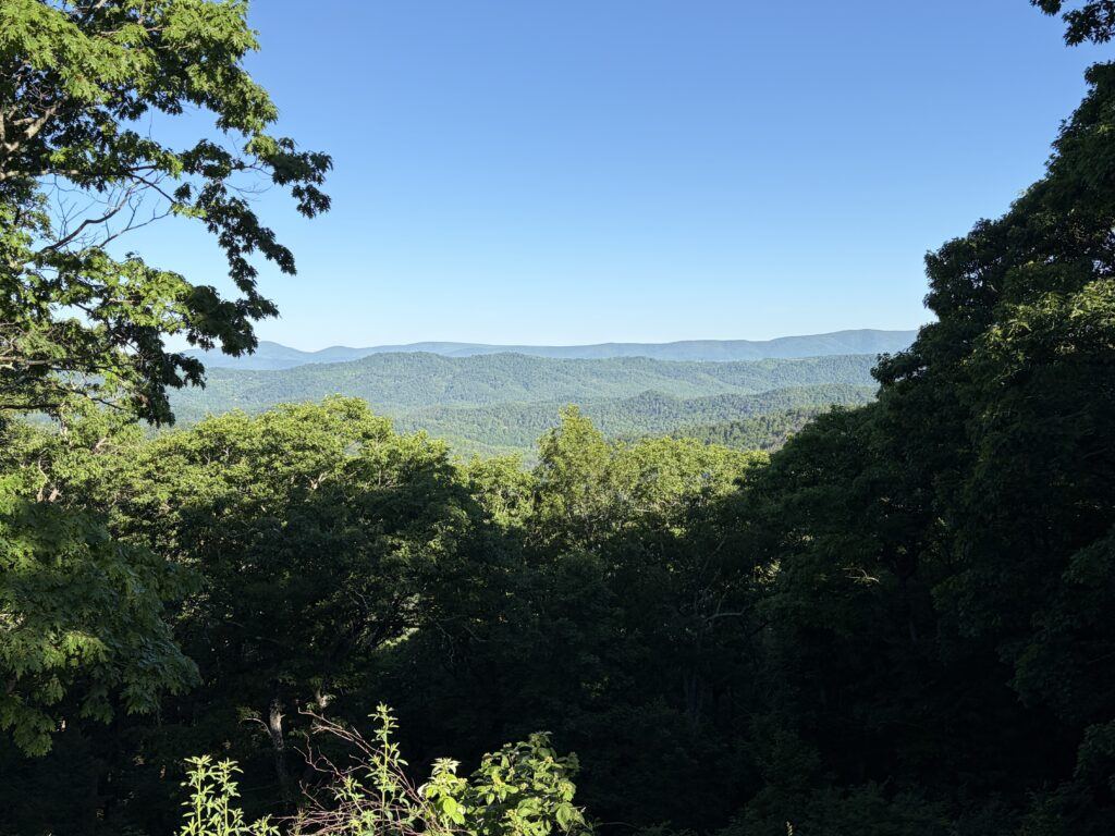 Forested mountain ridges seen from the Confederate Breastworks overlook on Shenandoah Mountain in Virginia