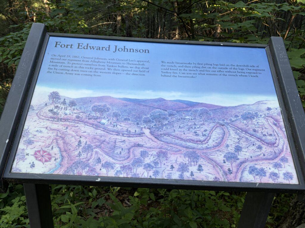 Interpretive sign illustrating Fort Edward Johnson and the Confederate breastworks built on Shenandoah Mountain in 1862