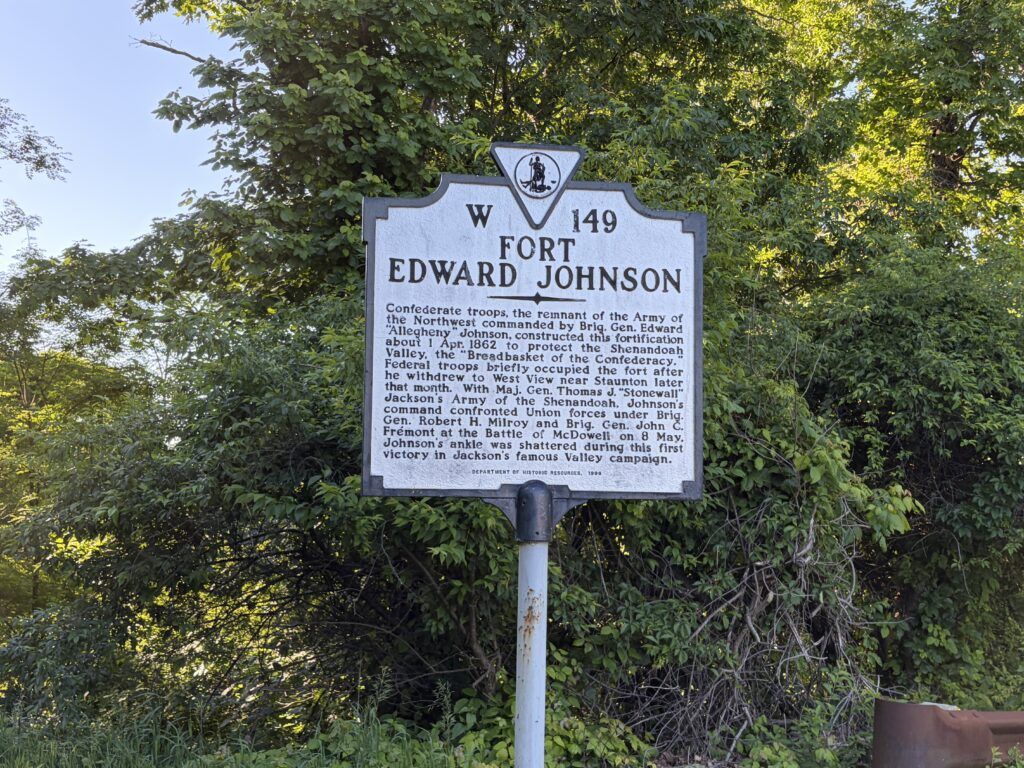 Fort Edward Johnson historical marker at the 1862 Confederate Breastworks site on Shenandoah Mountain in Virginia