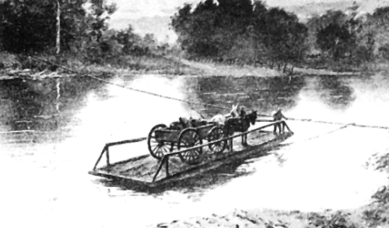 Historic illustration of a horse-drawn wagon being transported across a river on a cable ferry.