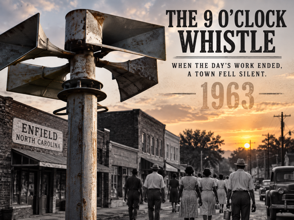 Illustration representing Enfield, North Carolina’s 9 o’clock whistle and the Black residents subjected to the town’s discriminatory curfew during the Civil Rights era.
