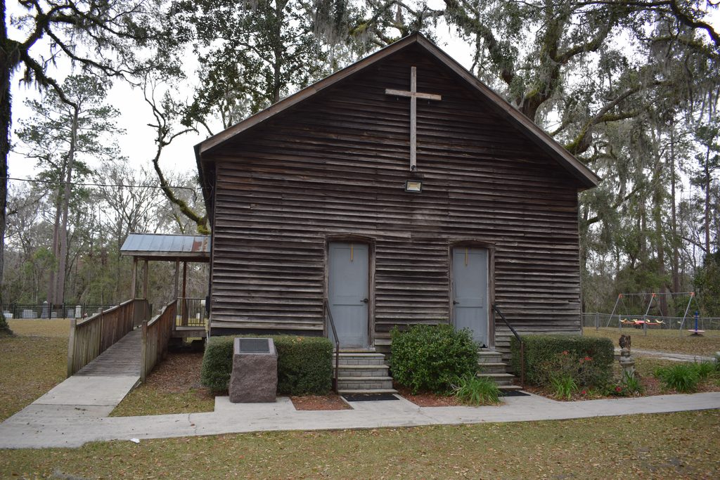 Front view of the historic wooden Falling Creek Methodist Church near Lake City, Florida