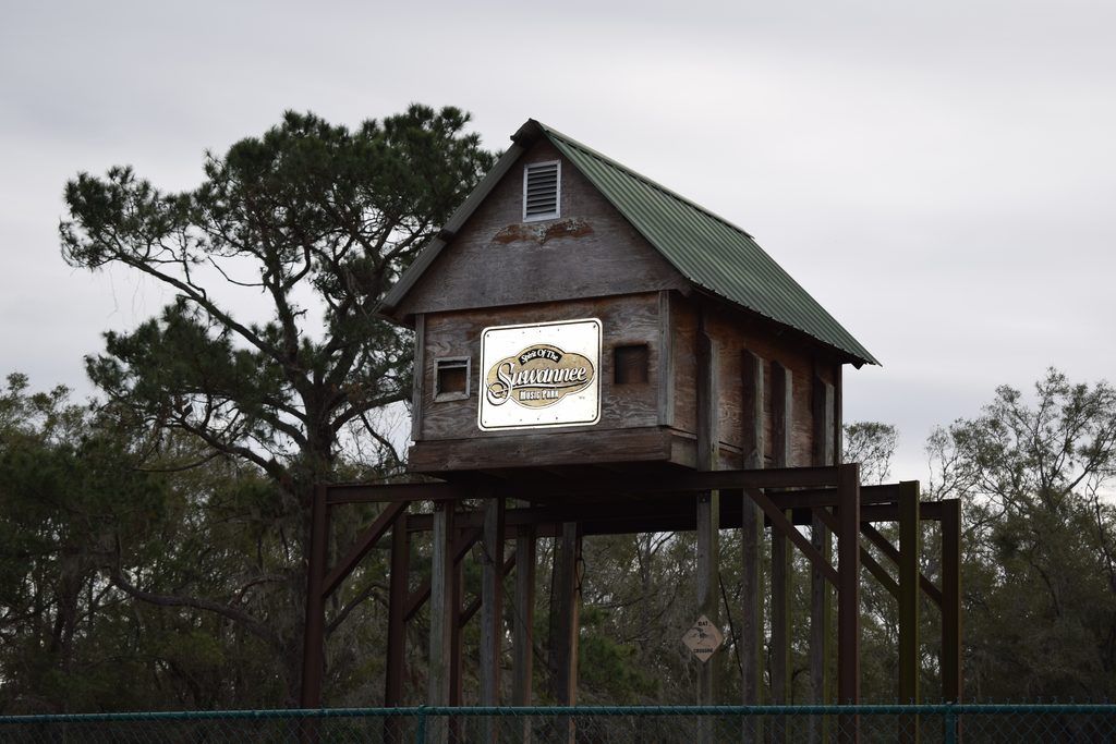 Giant wooden bat house elevated on tall support beams at Spirit of the Suwannee Music Park in Live Oak, Florida, featuring a green metal roof, park sign, and Bat Crossing warning sign.