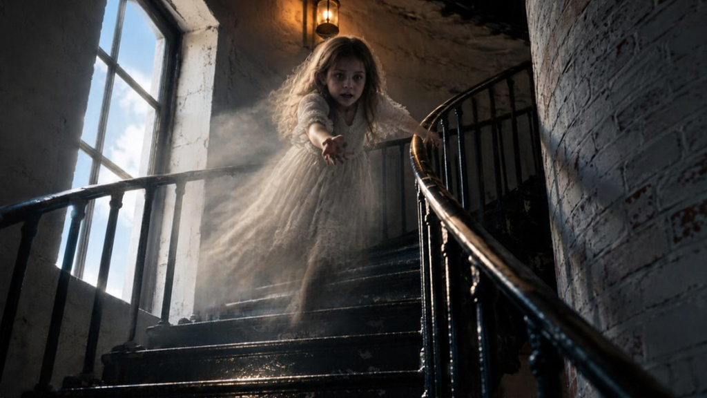 Artistic depiction of a ghostly young girl in a white dress reaching toward visitors from a dark, winding lighthouse staircase, surrounded by mist and eerie light.