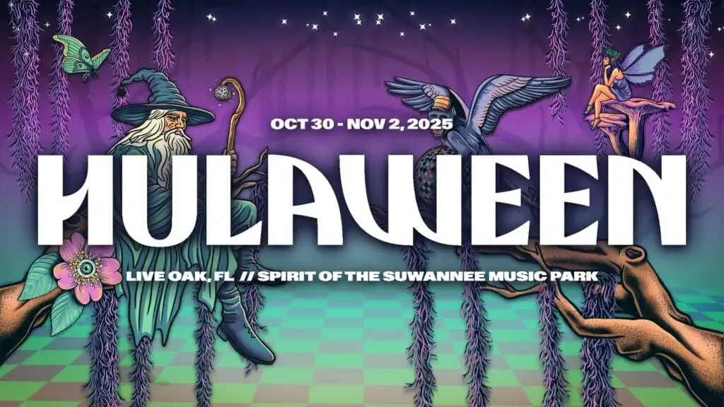 Colorful 2025 Suwannee Hulaween festival poster featuring a wizard, fantastical creatures, purple forest imagery, and event dates of October 30 through November 2 in Live Oak, Florida.