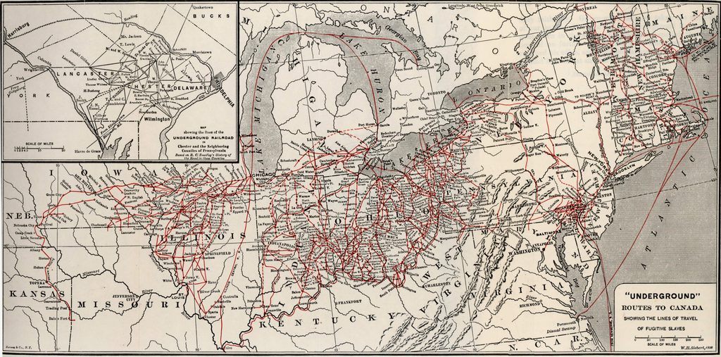 Historic 1898 map titled “Underground Routes to Canada,” showing routes used by freedom seekers across the eastern and midwestern United States, marked in red, with an inset map of southeastern Pennsylvania.